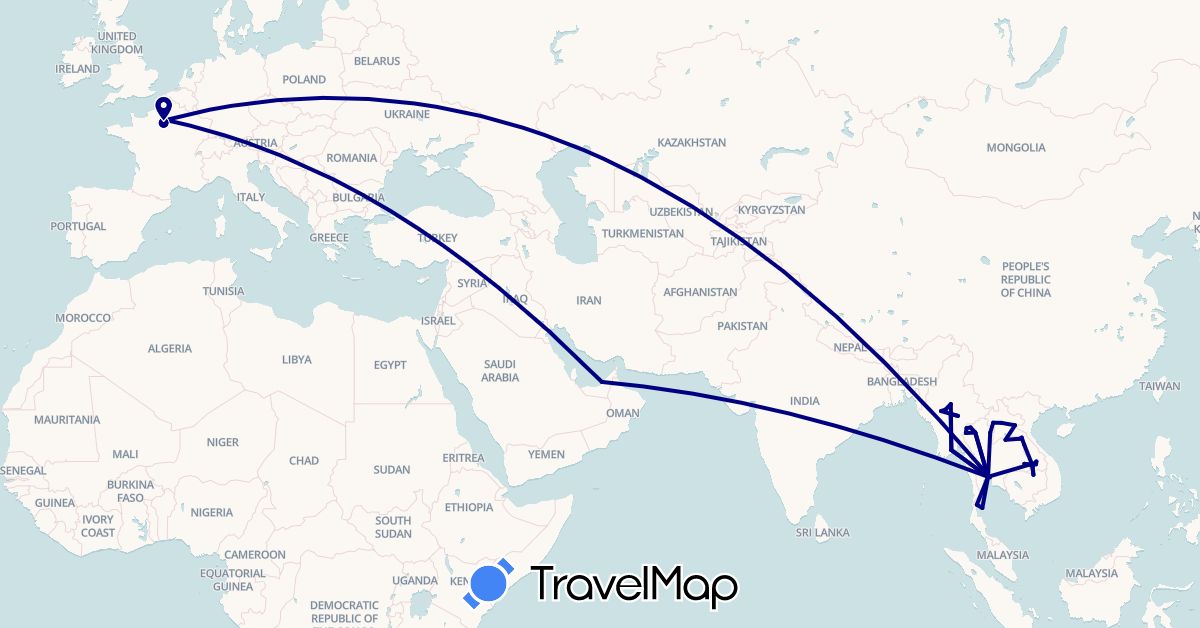 TravelMap itinerary: driving in United Arab Emirates, France, Laos, Myanmar (Burma), Thailand (Asia, Europe)